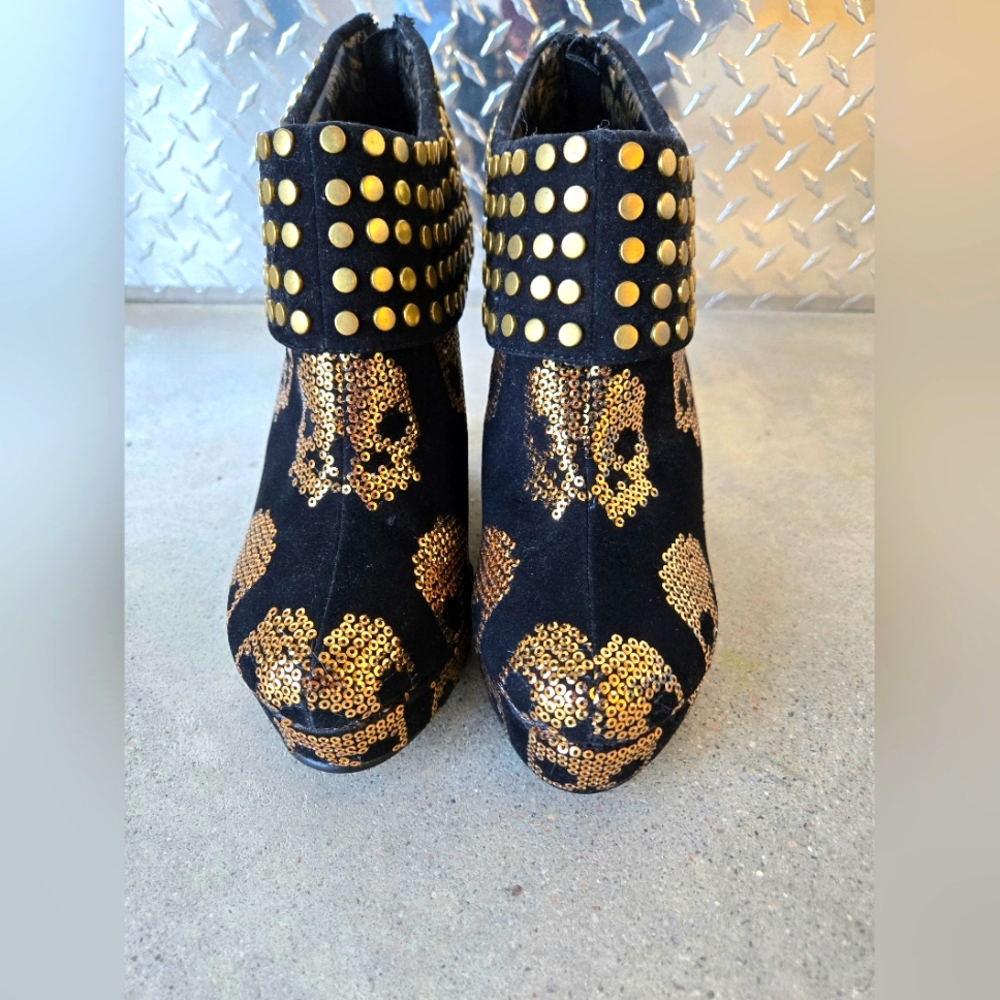 Iron Fist Studded Black and Gold Skull Ankle Boots Size 6